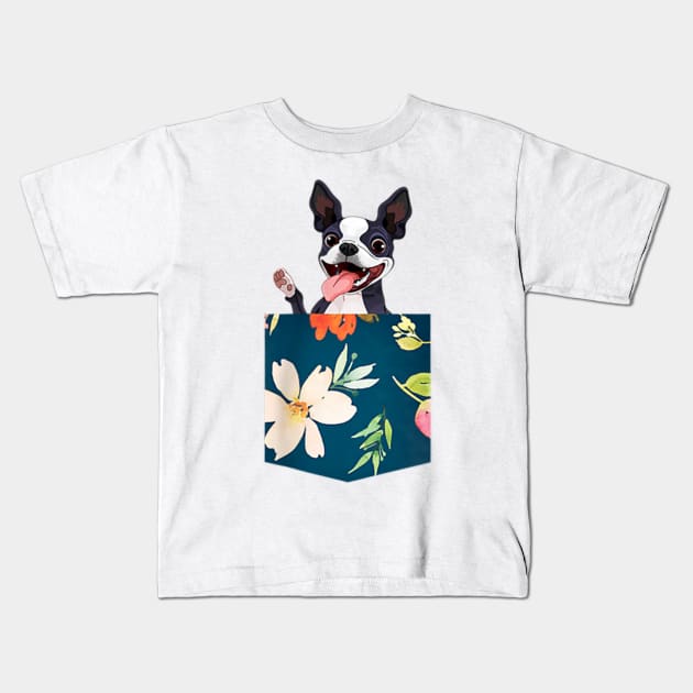 Boston Terrier In Floral Pocket Kids T-Shirt by Pretr=ty